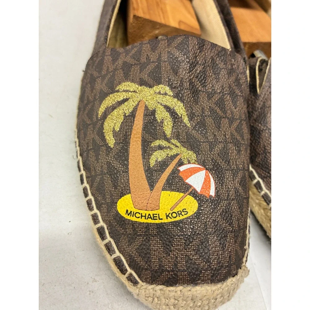 Michael Kors Espadrilles Women's 8.5M Brown Monogram Palm Tree Slip On Beach